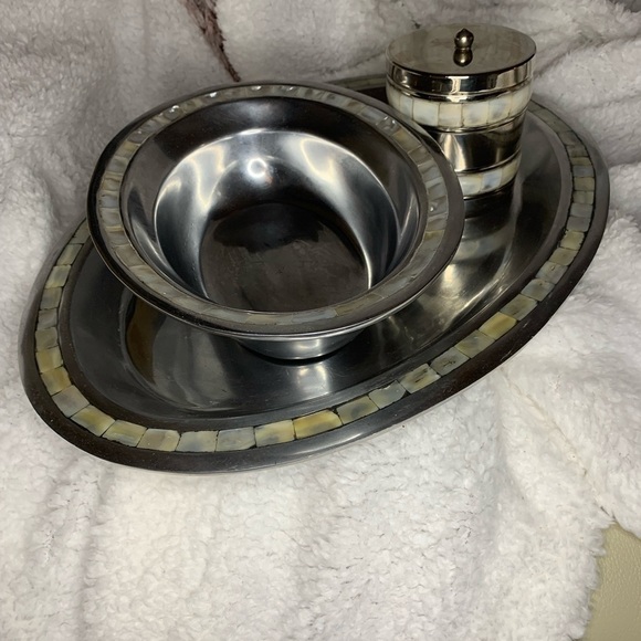 Antique Towle Silversmiths Mother Of Pearl Inlay Serving Tray , Bowl & Container - Picture 6 of 10